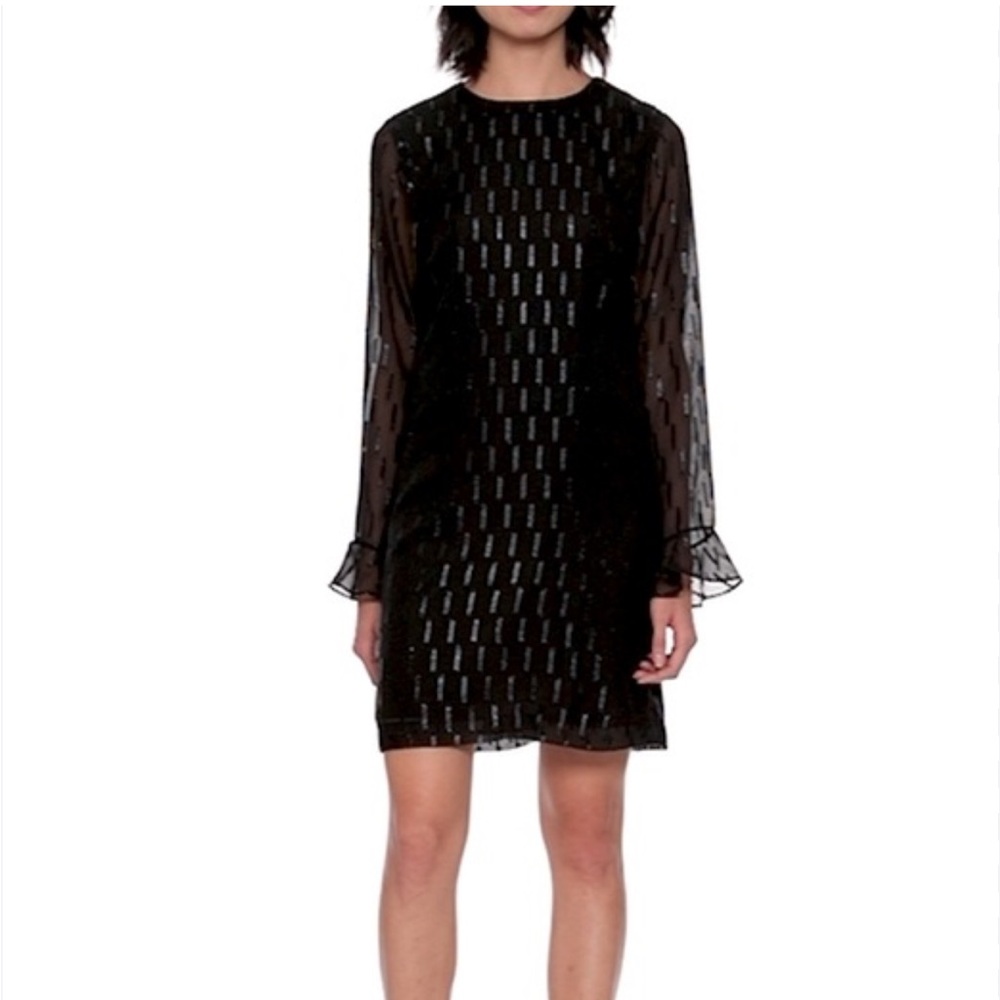 Banana Republic Black Ruffle Cuff Shimmer Long Sleeve Shift Mini Dress 12P